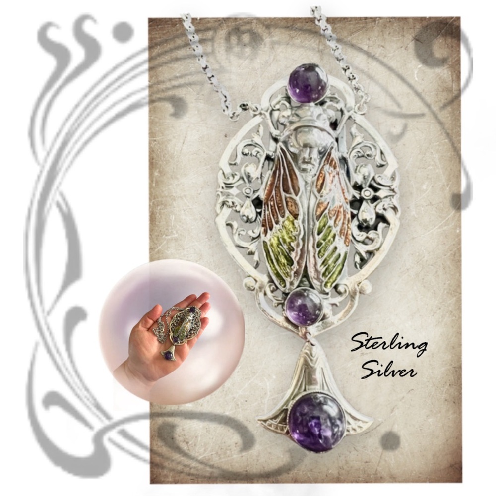Sterling Silver Art Nouveau Cicada necklace - Picture 2 of 13